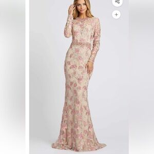 mac duggal floral embroidered illusion long sleeve trumpet gown